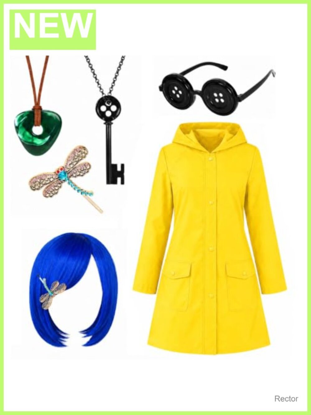 6 Pc Halloween Costume Set Raincoat Wig Glasses Necklace Clip
